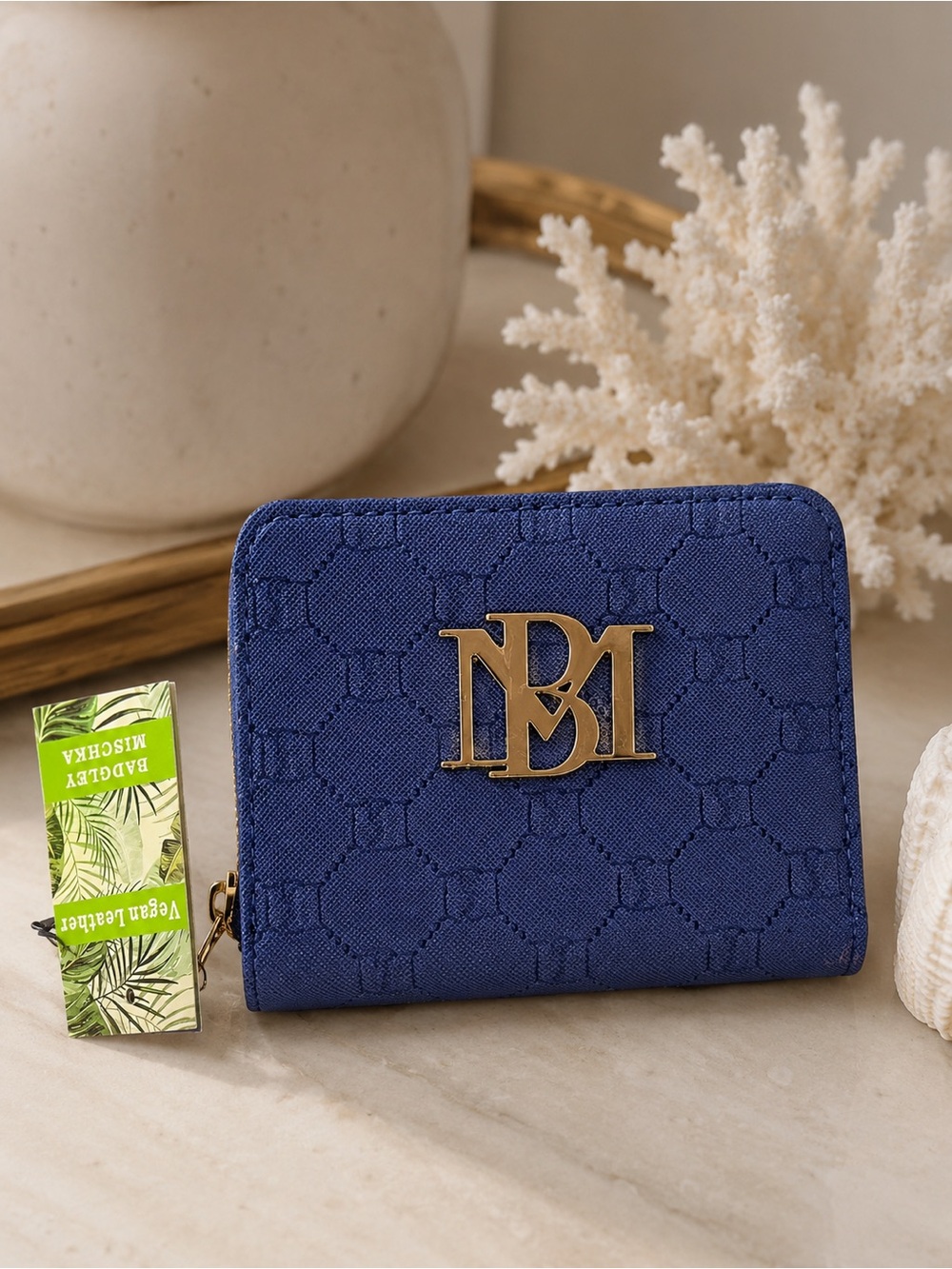 Badgley Mischka Monogram Zip Wallet- 70% OFF sale- Blue gold elegant gift cute